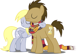 Size: 4736x3306 | Tagged: safe, artist:drakizora, imported from derpibooru, derpy hooves, doctor whooves, time turner, pony, slice of life (episode), .svg available, absurd resolution, clothes, eyes closed, fourth doctor's scarf, hug, male, scarf, simple background, stallion, striped scarf, tom baker's scarf, transparent background, vector