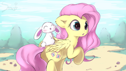 Size: 4020x2271 | Tagged: safe, artist:sverre93, imported from derpibooru, angel bunny, fluttershy, pegasus, pony, rabbit, angel riding fluttershy, animal, cute, rabbits riding ponies, riding, shyabetes, sverre is trying to murder us