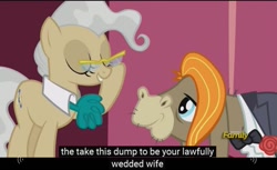 Size: 1017x623 | Tagged: safe, imported from derpibooru, screencap, cranky doodle donkey, mayor mare, donkey, earth pony, pony, slice of life (episode), eyes closed, glasses, grin, meme, smiling, youtube caption