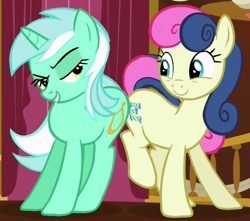 Size: 444x393 | Tagged: safe, imported from derpibooru, screencap, bon bon, lyra heartstrings, sweetie drops, earth pony, pony, unicorn, season 5, slice of life (episode), adorabon, best friends, butt bump, butt to butt, butt touch, cute, duo, duo female, female, grin, just friends, lidded eyes, looking at each other, looking at someone, mare, smiling, smiling at each other