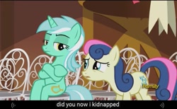 Size: 1019x627 | Tagged: safe, imported from derpibooru, screencap, bon bon, lyra heartstrings, sweetie drops, slice of life (episode), discovery family logo, meme, sitting, sitting lyra, youtube caption