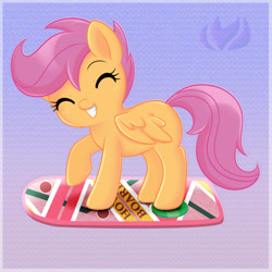 Size: 800x800 | Tagged: safe, artist:raininess, imported from derpibooru, scootaloo, pegasus, pony, back to the future, back to the future part 2, cute, cutealoo, eyes closed, female, filly, hoverboard, solo