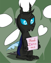 Size: 903x1123 | Tagged: safe, artist:itresad, imported from derpibooru, kevin (changeling), changeling, slice of life (episode), heart, kevin, sad, sign, solo