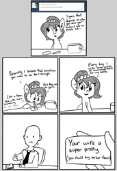 Size: 1546x2264 | Tagged: safe, artist:tjpones, imported from derpibooru, oc, oc only, oc:brownie bun, oc:richard, human, horse wife, :t, comic, monochrome, mouth hold, sandwich, smiling, tumblr