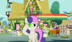 Size: 1214x703 | Tagged: safe, artist:jinroh, edit, edited screencap, imported from derpibooru, screencap, bon bon, daisy, derpy hooves, flower wishes, lily, lily valley, rainbow dash, roseluck, sweetie drops, bugbear, pegasus, pony, slice of life (episode), animation error, dragon ball, dragon ball z, female, mare, ponyville, scouter, secret agent sweetie drops