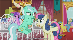 Size: 1282x706 | Tagged: safe, imported from derpibooru, screencap, amethyst star, bon bon, lemon hearts, lyra heartstrings, ponet, sea swirl, seafoam, sparkler, sweetie drops, slice of life (episode), meme, sitting, youtube caption