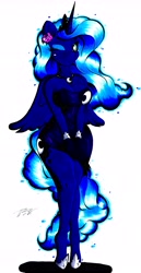 Size: 3476x6718 | Tagged: safe, artist:thegodoflazers, imported from derpibooru, princess luna, anthro, unguligrade anthro, clothes, dress, female, solo, wink