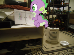 Size: 639x478 | Tagged: safe, artist:eli-j-brony, artist:exbibyte, imported from derpibooru, spike, bedroom, drawing, humidifier, irl, lined paper, photo, ponies in real life, shelf, solo, toy, vector