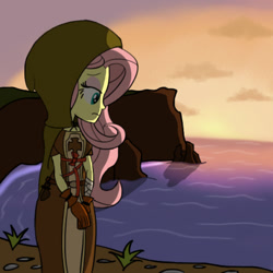 Size: 504x504 | Tagged: safe, artist:shadyhorseman, imported from derpibooru, fluttershy, equestria girls, crossover, dark souls 2, emerald herald, female, majula, ocean, solo, sunset