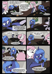 Size: 1240x1754 | Tagged: safe, artist:lunarcakez, imported from derpibooru, princess celestia, princess luna, oc, oc:daydream, oc:june, comic:the origins of hollow shades, cloak, clothes, comic, filly, pink-mane celestia, woona, younger