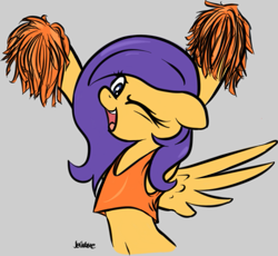 Size: 791x729 | Tagged: safe, artist:jetwave, imported from derpibooru, oc, oc only, oc:sunfall, pegasus, pony, semi-anthro, fallout equestria, /foe/, armpits, belly button, bipedal, cheerleader, clothes, cute, happy, midriff, one eye closed, shirt, solo, tanktop, wink