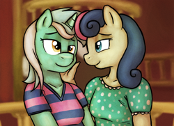 Size: 2654x1920 | Tagged: safe, artist:chipflake, imported from derpibooru, bon bon, lyra heartstrings, sweetie drops, anthro, earth pony, unicorn, slice of life (episode), best friends, clothes, female, lesbian, lyrabon, scene interpretation, shipping