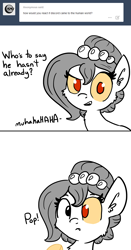 Size: 916x1749 | Tagged: safe, artist:tjpones, imported from derpibooru, oc, oc only, oc:brownie bun, pony, horse wife, ask, contact lens, cute, evil grin, fail, monochrome, solo, tumblr, x wasn't discord all along