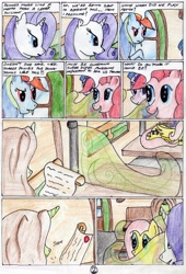 Size: 2316x3414 | Tagged: safe, artist:40kponyguy, derpibooru exclusive, imported from derpibooru, fluttershy, pinkie pie, rainbow dash, rarity, twilight sparkle, 40kponyguy's the staff of aurelian, comic, friendship express, scroll, story included, traditional art