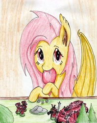 Size: 2376x2995 | Tagged: safe, artist:40kponyguy, derpibooru exclusive, imported from derpibooru, fluttershy, bat pony, pony, apple, assault cannon, blood angels, bolter, colored pencil drawing, dice, female, figurine, flutterbat, gaming miniature, looking at you, mare, miniature, plasma pistol, power sword, predator tank, solo, space marine, tank (vehicle), traditional art, twin-linked, warhammer (game), warhammer 40k