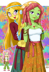 Size: 723x1066 | Tagged: safe, artist:uotapo, imported from derpibooru, fluttershy, tree hugger, wheat grass, equestria girls, belly button, blushing, breasts, busty fluttershy, busty tree hugger, cleavage, clothes, equestria girls-ified, feet, female, hippie, hippieshy, long skirt, midriff, sandals, skirt, tattoo