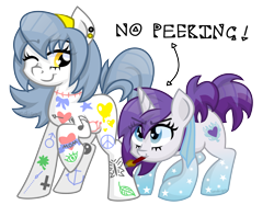 Size: 4267x3200 | Tagged: safe, artist:partylikeanartist, imported from derpibooru, oc, oc only, oc:indigo wire, oc:open canvas, pony, unicorn, competition, contest, couple, double, gradient legs, headband, mascot, paint, paint on fur, paintbrush, piercing, simple background, tattoo, transparent background