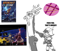 Size: 1200x1000 | Tagged: safe, artist:turkleson, imported from derpibooru, discord, jak, jak and daxter, movie, ratchet and clank, sly cooper, vulgar