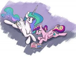 Size: 1280x960 | Tagged: safe, artist:silfoe, imported from derpibooru, princess cadance, princess celestia, alicorn, pony, royal sketchbook, comic, cute, duo, female, mare, missing accessory, open mouth, prone, smiling, teen princess cadance, younger