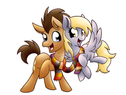 Size: 1024x768 | Tagged: safe, artist:amberlea-draws, imported from derpibooru, derpy hooves, doctor whooves, time turner, pony, slice of life (episode), clothes, cute, doctorderpy, fourth doctor, happy, like a million bits, male, scarf, shared clothing, shared scarf, shipping, simple background, smiling, stallion, straight, transparent background