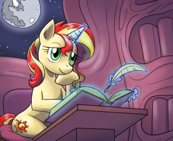 Size: 1636x1332 | Tagged: safe, artist:nauth, imported from derpibooru, sunset shimmer, pony, unicorn, backwards cutie mark, book, female, library, moon, quill, solo