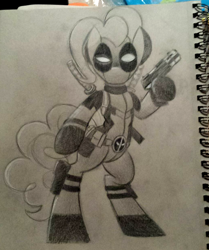 Size: 1032x1236 | Tagged: safe, artist:drawponies, imported from derpibooru, pinkie pie, pony, bipedal, clothes, cosplay, costume, crossover, deadpool, female, gun, hoof hold, marvel, monochrome, photo, pinkiepool, solo, sword, traditional art, weapon