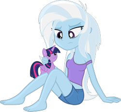 Size: 3340x3089 | Tagged: safe, artist:zacatron94, imported from derpibooru, trixie, twilight sparkle, alicorn, pony, equestria girls, barefoot, belly button, blue skin, cleavage, clothes, cutie mark, denim shorts, feet, female, high res, implied twixie, midriff, multicolored hair, multicolored mane, multicolored tail, plushie, purple eyes, purple fur, sad, shorts, simple background, sitting, sitting on ground, solo, tanktop, teary eyes, tomboy, transparent background, twilight sparkle (alicorn), twilight sparkle plushie, vector