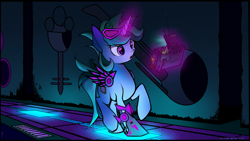 Size: 2560x1440 | Tagged: safe, artist:xn-d, imported from derpibooru, oc, oc only, oc:zenith flare, pony, unicorn, cassette player, commission, cyberpunk, scanner, solo