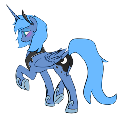 Size: 700x690 | Tagged: safe, artist:egophiliac, artist:rinku, color edit, edit, imported from derpibooru, princess luna, alicorn, pony, blushing, butt, colored, crown, female, hoof shoes, jewelry, looking away, mare, peytral, plot, raised hoof, regalia, s1 luna, simple background, smiling, solo, transparent background