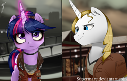 Size: 1534x984 | Tagged: safe, artist:supermare, imported from derpibooru, prince blueblood, twilight sparkle, abigail "fetch" walker, clothes, crossover, infamous, infamous first light, nose ring, piercing