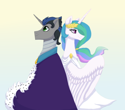 Size: 1600x1400 | Tagged: safe, artist:silcybell, imported from derpibooru, king sombra, princess celestia, alicorn, back to back, celestibra, clothes, female, good king sombra, laurel wreath, male, profile, shipping, straight