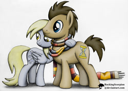 Size: 1000x716 | Tagged: safe, artist:rockingscorpion, imported from derpibooru, derpy hooves, doctor whooves, time turner, pony, slice of life (episode), clothes, fourth doctor's scarf, male, scarf, scene interpretation, stallion, striped scarf, tom baker's scarf