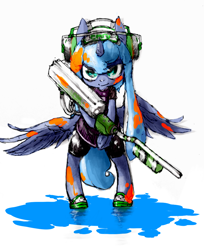 Size: 834x1024 | Tagged: safe, artist:toki, imported from derpibooru, princess luna, inkling, pony, semi-anthro, gamer luna, bipedal, e-liter 3k, female, solo, splatoon