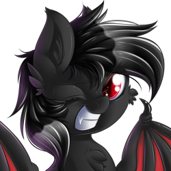 Size: 1800x1800 | Tagged: safe, artist:knifeh, imported from derpibooru, oc, oc only, oc:qetesh, bat pony, pony, fangs, solo, wink