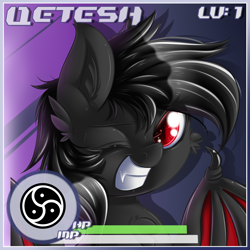 Size: 1400x1400 | Tagged: safe, artist:knifeh, imported from derpibooru, oc, oc only, oc:qetesh, bat pony, pony, fangs, solo, wink