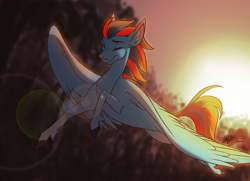 Size: 4133x3000 | Tagged: safe, artist:probablyfakeblonde, imported from derpibooru, oc, oc only, oc:andrew swiftwing, pegasus, pony, eyes closed, flying, forest, happy, male, solo, stallion, sunset, tree