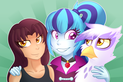 Size: 3600x2400 | Tagged: safe, artist:php92, imported from derpibooru, gilda, sonata dusk, griffon, human, equestria girls, black lagoon, grin, marÿke hendrikse, revy, smiling, voice actor, voice actor joke