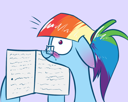 Size: 1280x1024 | Tagged: safe, artist:underpable, imported from derpibooru, rainbow dash, derpin daily, 2015, alternate hairstyle, blushing, caught, ear blush, egghead, egghead dash, female, glasses, manebow sparkle, nerd, ponytail, rainbow dork, reading rainboom, solo