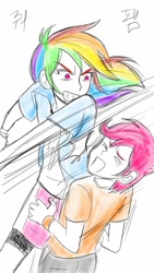 Size: 720x1280 | Tagged: safe, artist:asdf314159265, imported from derpibooru, rainbow dash, scootaloo, equestria girls, duo, female, hitting, humanized, punch, punishment