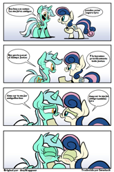 Size: 725x1101 | Tagged: safe, artist:joeywaggoner, imported from derpibooru, bon bon, lyra heartstrings, sweetie drops, 4koma, comic, female, lesbian, lyrabon, shipping, spanish, translation