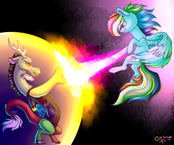 Size: 3000x2500 | Tagged: safe, artist:pellsya, imported from derpibooru, discord, rainbow dash, duo, force field, magic