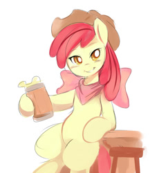 Size: 750x866 | Tagged: safe, artist:ende26, imported from derpibooru, apple bloom, alcohol, cider, drink, female, food, grin, hat, looking at you, mug, smiling, solo