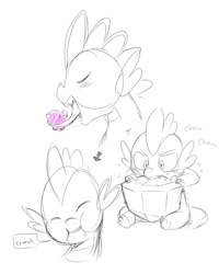 Size: 850x1065 | Tagged: safe, artist:ende26, imported from derpibooru, spike, :i, biting, cute, eating, eyes closed, gem, glare, grin, growling, male, monochrome, nom, open mouth, puffy cheeks, sitting, smiling, solo, tongue out