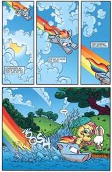 Size: 590x899 | Tagged: safe, artist:jay fosgitt, idw, imported from derpibooru, angel bunny, fluttershy, rainbow dash, spoiler:comic, spoiler:comicff18, cloud, cloudy, flying, frown, preview, splashing, spread wings, umbrella, water