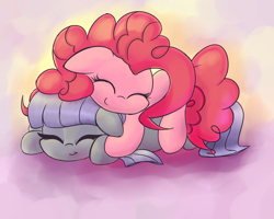 Size: 2000x1600 | Tagged: safe, artist:zapplebow, imported from derpibooru, maud pie, pinkie pie, earth pony, pony, :t, cuddling, cute, diabetes, diapinkes, duo, eyes closed, female, filly, floppy ears, hug, maudabetes, on top, prone, sisters, sleeping, smiling, snuggling, weapons-grade cute, when she smiles, younger