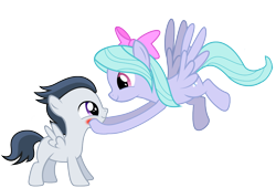 Size: 1600x1087 | Tagged: safe, artist:rozyfly10, imported from derpibooru, flitter, rumble, pegasus, pony, blushing, colt, cute, duo, female, flitterumble, foal, male, mare, shipping, simple background, straight, straight shota, transparent background