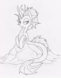 Size: 779x1000 | Tagged: safe, artist:dfectivedvice, imported from derpibooru, oc, oc only, siren, grayscale, monochrome, solo, traditional art