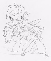 Size: 832x1000 | Tagged: safe, artist:dfectivedvice, imported from derpibooru, rainbow dash, anthro, belly button, grayscale, midriff, monochrome, simple background, sword, traditional art
