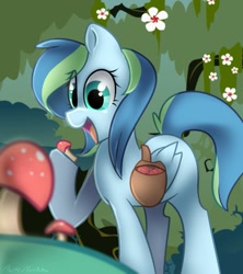 Size: 843x948 | Tagged: safe, artist:dippershat, imported from derpibooru, oc, oc only, oc:aspir, pegasus, everfree forest, female, flower, legends of equestria, mushrooms, open mouth, pegasus oc, solo, wings