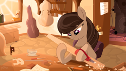 Size: 1920x1080 | Tagged: safe, artist:lunarcakez, imported from derpibooru, octavia melody, cello, female, implied vinyl scratch, luthier, musical instrument, solo, woodworking, workshop
